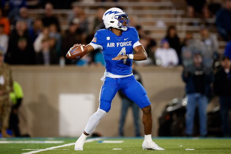 Oct 22, 2022; Colorado Springs, Colorado, USA; Air Force Falcons quarterback Haaziq Daniels (4) drops back to pass in the fourth quarter against the Boise State Broncos at Falcon Stadium. Mandatory Credit: Isaiah J. Downing-USA TODAY Sports