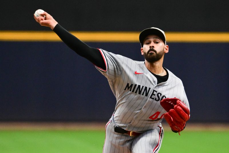 May 17, 2025; Milwaukee, Wisconsin, USA; Minnesota Twins starting pitcher Pablo Lopez (49) throws a pitch in the first inning against the Milwaukee Brewers at American Family Field. Mandatory Credit: Benny Sieu-Imagn Images
