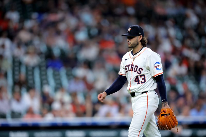 May 28, 2025; Houston, Texas, USA; Houston Astros starting pitcher Lance McCullers Jr. (43) walks to the dugout after retiring the side against the Athletics during the sixth inning at Daikin Park. Mandatory Credit: Erik Williams-Imagn Images