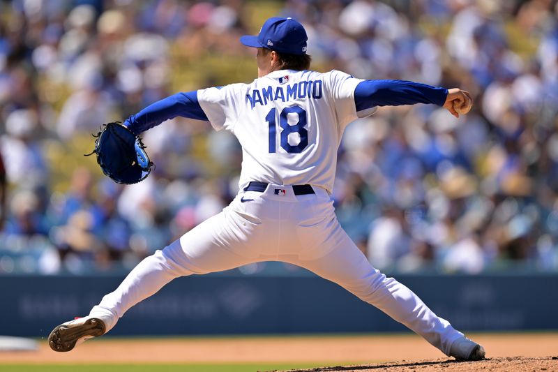 Aug 31, 2025; Los Angeles, California, USA;  Los Angeles Dodgers starting pitcher Yoshinobu Yamamoto (18) delivers to the plate during the seventh inning against the Arizona Diamondbacks at Dodger Stadium. Mandatory Credit: Jayne Kamin-Oncea-Imagn Images