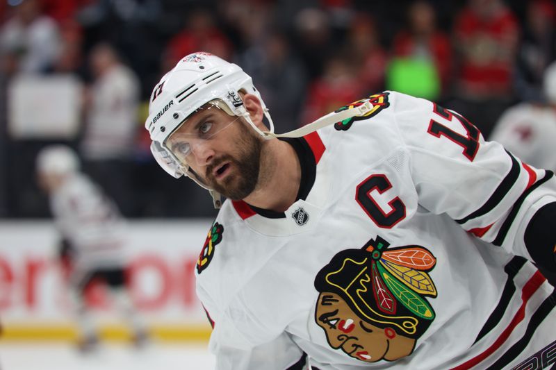 Feb 25, 2025; Salt Lake City, Utah, USA; Chicago Blackhawks left wing Nick Foligno (17) warms up before a game against the Utah Hockey Club at Delta Center. Mandatory Credit: Rob Gray-Imagn Images