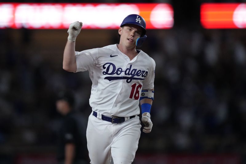 Aug 29, 2023; Los Angeles, California, USA; Los Angeles Dodgers catcher Will Smith (16) gestures after hitting a home run in the sixth inning against the Arizona Diamondbacks at Dodger Stadium. Mandatory Credit: Kirby Lee-USA TODAY Sports