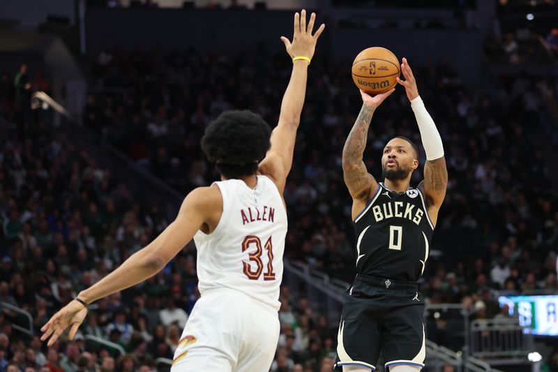 MILWAUKEE, WISCONSIN - JANUARY 26: Damian Lillard #0 of the Milwaukee Bucks shoots over Jarrett Allen #31 of the Cleveland Cavaliers during the first half of a game at Fiserv Forum on January 26, 2024 in Milwaukee, Wisconsin. NOTE TO USER: User expressly acknowledges and agrees that, by downloading and or using this photograph, User is consenting to the terms and conditions of the Getty Images License Agreement. (Photo by Stacy Revere/Getty Images)