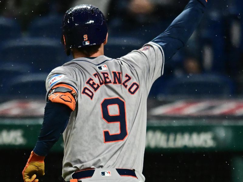 Sep 27, 2024; Cleveland, Ohio, USA; Houston Astros designated hitter Zach Dezenzo (9) celebrates after hitting a home run during the fifth inning against the Cleveland Guardians at Progressive Field. Mandatory Credit: Ken Blaze-Imagn Images