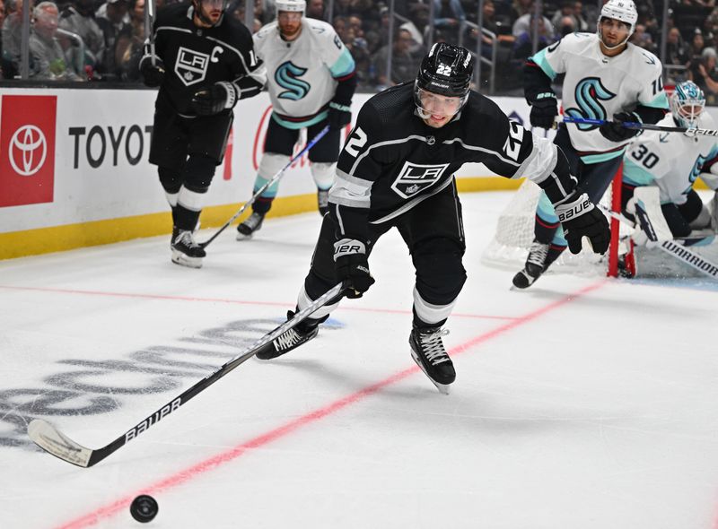 Oct 13, 2022; Los Angeles, California, USA; Los Angeles Kings left wing Kevin Fiala (22) chases down a loose puck in the second against the Seattle Kraken at Crypto.com Arena. Mandatory Credit: Jayne Kamin-Oncea-USA TODAY Sports