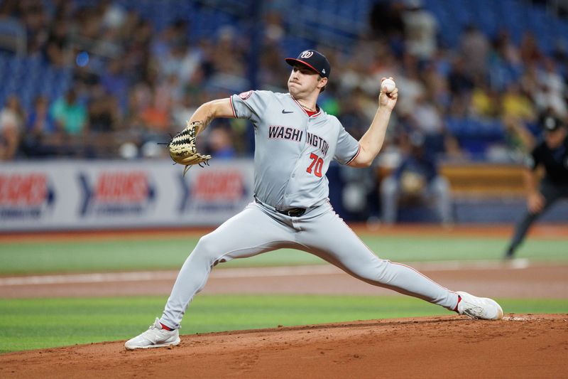 Jun 28, 2024; St. Petersburg, Florida, USA;  Washington Nationals pitcher Mitchell Parker (70) throws a pitch  against the Tampa Bay Rays in the first inning at Tropicana Field. Mandatory Credit: Nathan Ray Seebeck-USA TODAY Sports