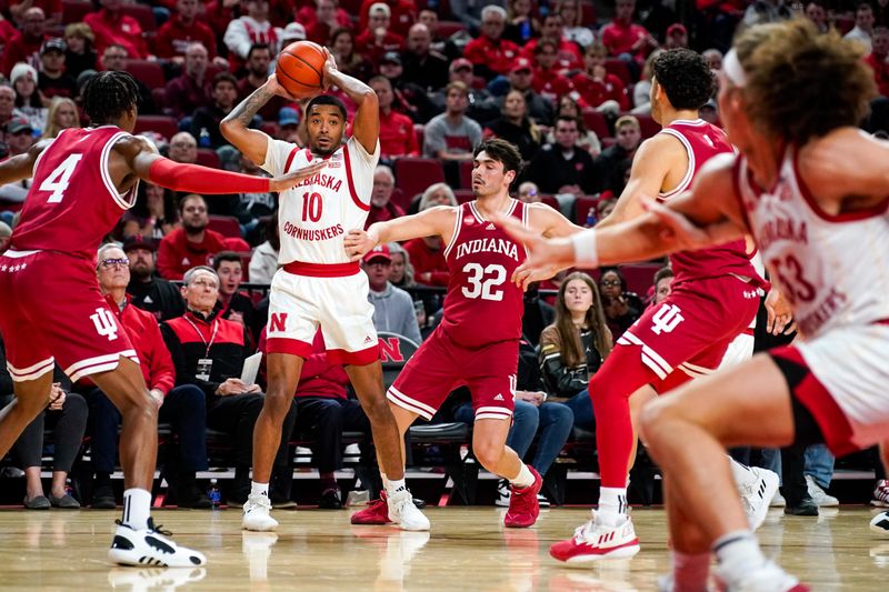 Jan 3, 2024; Lincoln, Nebraska, USA; Nebraska Cornhuskers guard Jamarques Lawrence (10) looks to pass against the Indiana Hoosiers during the first half at Pinnacle Bank Arena. Mandatory Credit: Dylan Widger-USA TODAY Sports