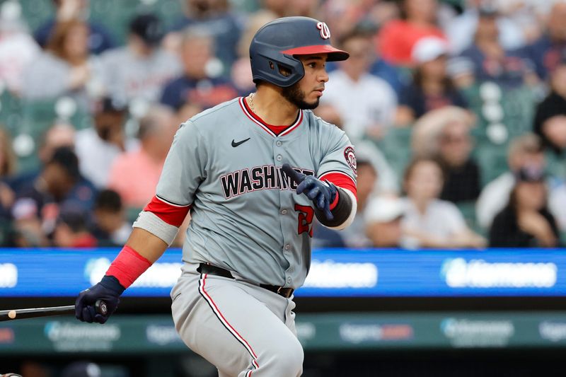 Jun 12, 2024; Detroit, Michigan, USA;  Washington Nationals catcher Keibert Ruiz (20) hits a single in the sixth inning against the Detroit Tigers at Comerica Park. Mandatory Credit: Rick Osentoski-USA TODAY Sports