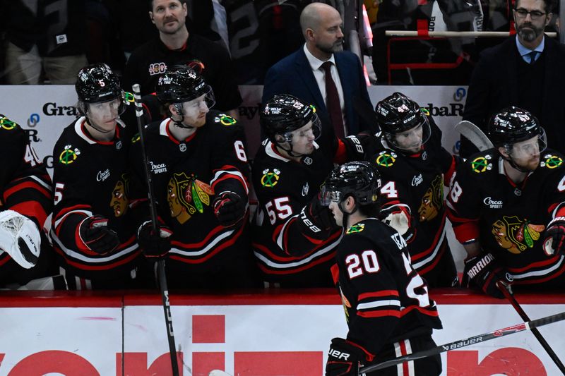 Nov 30, 2025; Chicago, Illinois, USA;  Chicago Blackhawks center Ryan Greene (20) celebrates after he scored a goal against the Anaheim Ducks during the second period at United Center. Mandatory Credit: Matt Marton-Imagn Images
