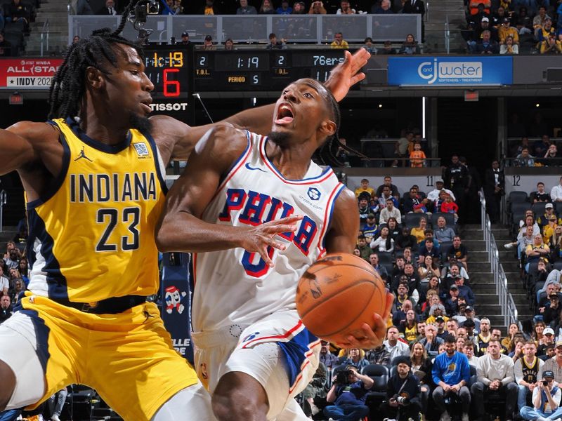 INDIANAPOLIS, IN - OCTOBER 27: Tyrese Maxey #0 of the Philadelphia 76ers drives to the basket during the game against the Indiana Pacers on October 27, 2024 at Gainbridge Fieldhouse in Indianapolis, Indiana. NOTE TO USER: User expressly acknowledges and agrees that, by downloading and or using this Photograph, user is consenting to the terms and conditions of the Getty Images License Agreement. Mandatory Copyright Notice: Copyright 2024 NBAE (Photo by Ron Hoskins/NBAE via Getty Images)