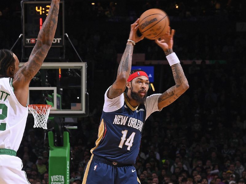 BOSTON, MA - JANUARY 29: Brandon Ingram #14 of the New Orleans Pelicans passes the ball during the game against the Boston Celtics on January 29, 2024 at the TD Garden in Boston, Massachusetts. NOTE TO USER: User expressly acknowledges and agrees that, by downloading and or using this photograph, User is consenting to the terms and conditions of the Getty Images License Agreement. Mandatory Copyright Notice: Copyright 2024 NBAE  (Photo by Brian Babineau/NBAE via Getty Images)