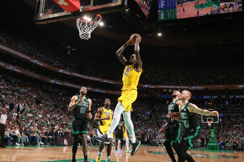 BOSTON, MA - MAY 23: Pascal Siakam #43 of the Indiana Pacers dunks the ball during the game against the Boston Celtics during Game 2 of the Eastern Conference Finals of the 2024 NBA Playoffs on May 23, 2024 at the TD Garden in Boston, Massachusetts. NOTE TO USER: User expressly acknowledges and agrees that, by downloading and or using this photograph, User is consenting to the terms and conditions of the Getty Images License Agreement. Mandatory Copyright Notice: Copyright 2024 NBAE  (Photo by Nathaniel S. Butler/NBAE via Getty Images)