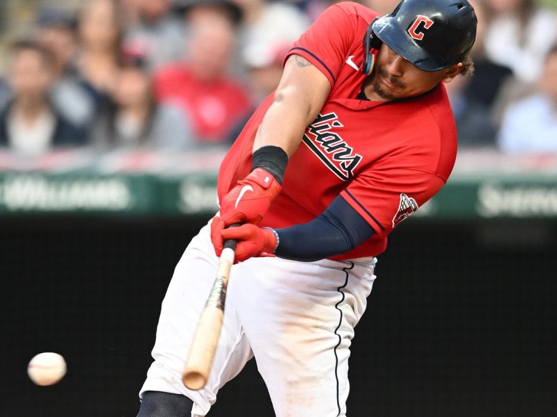 Jun 7, 2023; Cleveland, Ohio, USA; Cleveland Guardians first baseman Josh Naylor (22) hits an RBI single during the fourth inning against the Boston Red Sox at Progressive Field. Mandatory Credit: Ken Blaze-USA TODAY Sports