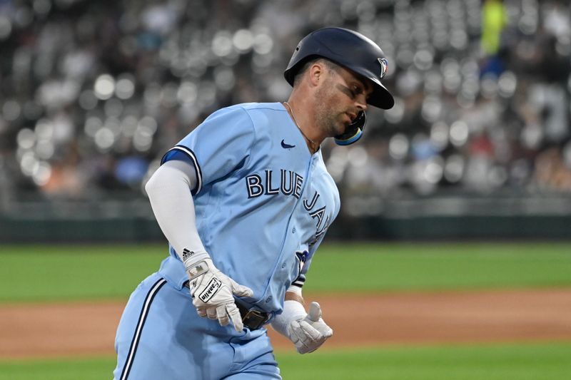 Jul 6, 2023; Chicago, Illinois, USA;  Toronto Blue Jays second baseman Whit Merrifield (15) rounds the bases after hitting a home run against the Chicago White Sox during the second inning at Guaranteed Rate Field. Mandatory Credit: Matt Marton-USA TODAY Sports