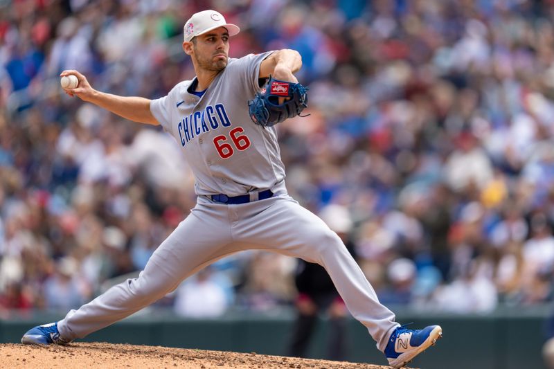 May 14, 2023; Minneapolis, Minnesota, USA; Chicago Cubs relief pitcher Julian Merryweather (66) throws against the Minnesota Twins in the eighth inning at Target Field. Mandatory Credit: Matt Blewett-USA TODAY Sports