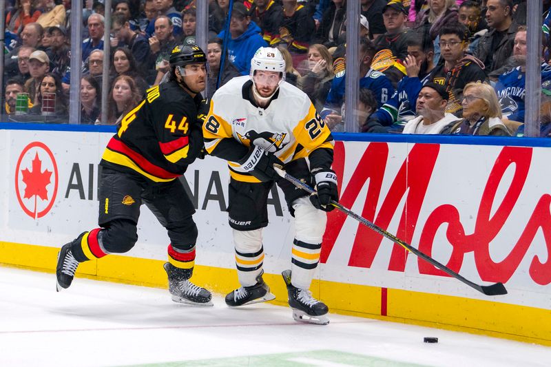 Oct 26, 2024; Vancouver, British Columbia, CAN; Vancouver Canucks forward Kiefer Sherwood (44) checks Pittsburgh Penguins defenseman Marcus Pettersson (28) during the third period at Rogers Arena. Mandatory Credit: Bob Frid-Imagn Images