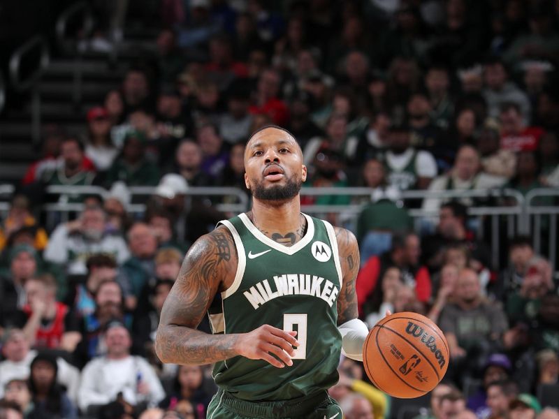 MILWAUKEE, WI - NOVEMBER 20: Damian Lillard #0 of the Milwaukee Bucks brings the ball up court during the game against the Chicago Bulls on November 20, 2024 at the Fiserv Forum Center in Milwaukee, Wisconsin. NOTE TO USER: User expressly acknowledges and agrees that, by downloading and or using this Photograph, user is consenting to the terms and conditions of the Getty Images License Agreement. Mandatory Copyright Notice: Copyright 2024 NBAE (Photo by Gary Dineen/NBAE via Getty Images).