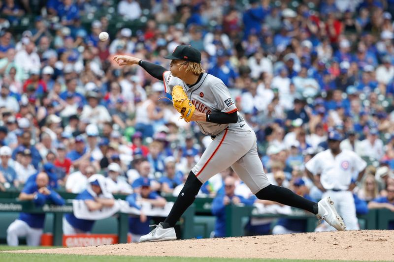 Jun 19, 2024; Chicago, Illinois, USA; San Francisco Giants relief pitcher Spencer Bivens (76) delivers a pitch against the Chicago Cubs during the fourth inning at Wrigley Field. Mandatory Credit: Kamil Krzaczynski-USA TODAY Sports