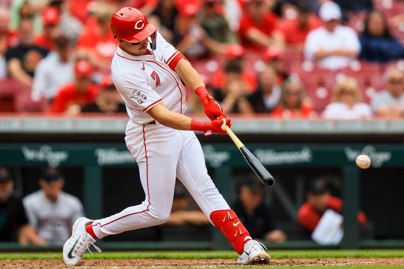 May 9, 2024; Cincinnati, Ohio, USA; Cincinnati Reds first baseman Spencer Steer (7) hits a two-run double in the seventh inning against the Arizona Diamondbacks at Great American Ball Park. Mandatory Credit: Katie Stratman-USA TODAY Sports