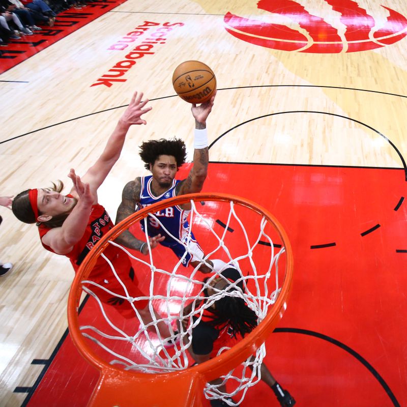 TORONTO, CANADA - MARCH 31: Kelly Oubre Jr. #9 of the Philadelphia 76ers drives to the basket during the game against the Toronto Raptors on March 31, 2024 at the Scotiabank Arena in Toronto, Ontario, Canada.  NOTE TO USER: User expressly acknowledges and agrees that, by downloading and or using this Photograph, user is consenting to the terms and conditions of the Getty Images License Agreement.  Mandatory Copyright Notice: Copyright 2024 NBAE (Photo by Vaughn Ridley/NBAE via Getty Images)