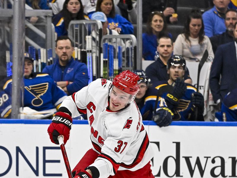 Apr 12, 2024; St. Louis, Missouri, USA;  Carolina Hurricanes right wing Andrei Svechnikov (37) shoots against the St. Louis Blues during the third period at Enterprise Center. Mandatory Credit: Jeff Curry-USA TODAY Sports