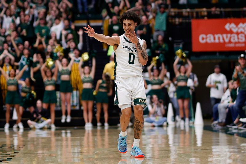 Feb 15, 2025; Fort Collins, Colorado, USA; Colorado State Rams guard Kyan Evans (0) reacts after a play in the second half against the Wyoming Cowboys at Moby Arena. Mandatory Credit: Isaiah J. Downing-Imagn Images