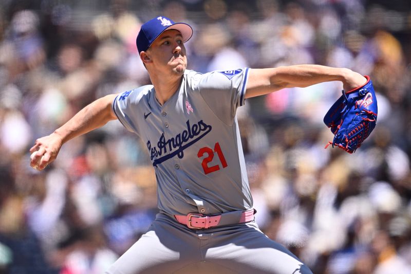 May 12, 2024; San Diego, California, USA; Los Angeles Dodgers starting pitcher Walker Buehler (21) throws a pitch against the San Diego Padres during the first inning at Petco Park. Mandatory Credit: Orlando Ramirez-USA TODAY Sports