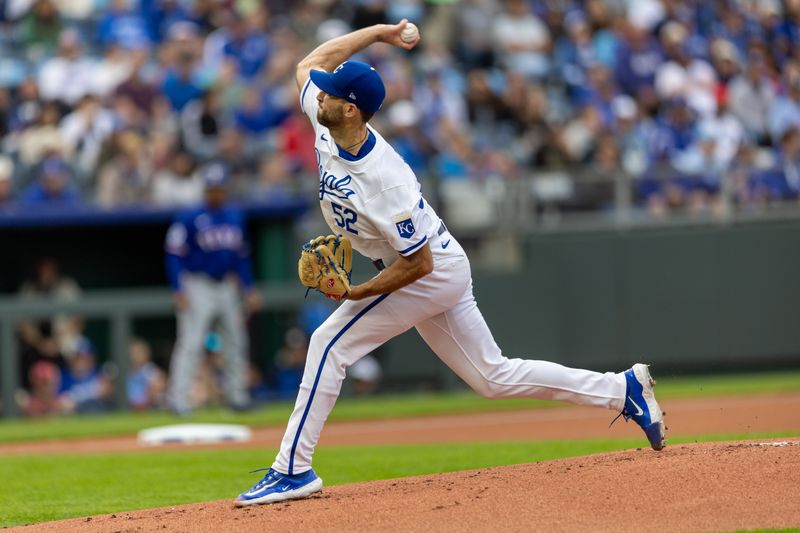 May 4, 2024; Kansas City, Missouri, USA; Kansas City Royals pitcher Michael Wacha (52) pitches during the first inning against the Texas Rangers at Kauffman Stadium. Mandatory Credit: William Purnell-USA TODAY Sports