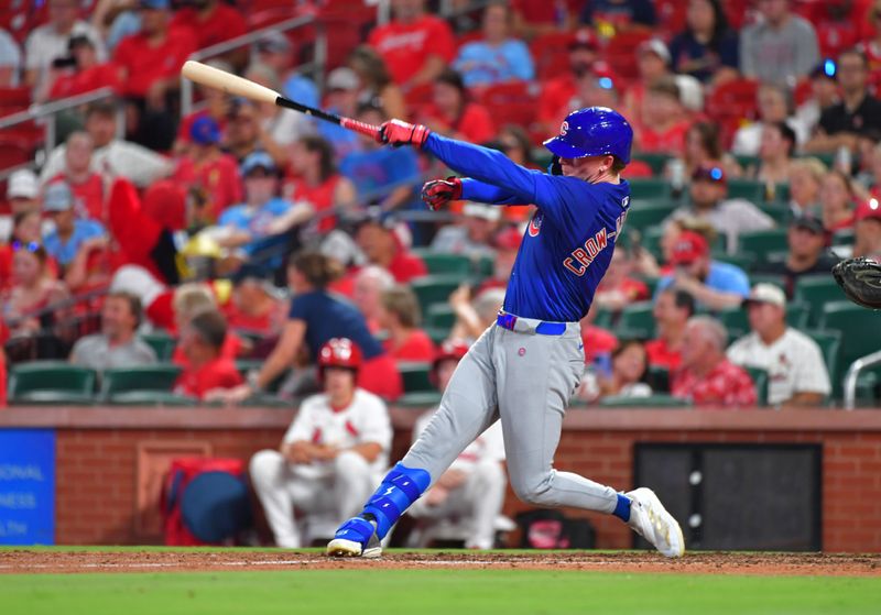 Jun 25, 2025; St. Louis, Missouri, USA; Chicago Cubs outfielder Pete Crow-Armstrong (4) loses his bat while up to bat in the eighth inning against the St. Louis Cardinals at Busch Stadium. Mandatory Credit: Tim Vizer-Imagn Images 