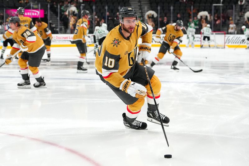 Dec 6, 2024; Las Vegas, Nevada, USA; Vegas Golden Knights center Nicolas Roy (10) warms up before a game against the Dallas Stars at T-Mobile Arena. Mandatory Credit: Stephen R. Sylvanie-Imagn Images