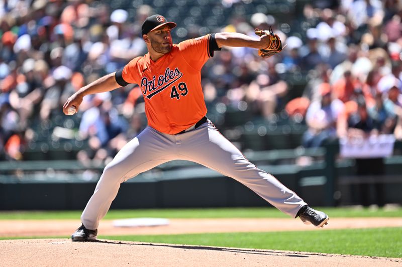 May 25, 2024; Chicago, Illinois, USA;  Baltimore Orioles pitcher Albert Suarez (49) pitches in the first inning against the Chicago White Sox at Guaranteed Rate Field. Mandatory Credit: Jamie Sabau-USA TODAY Sports