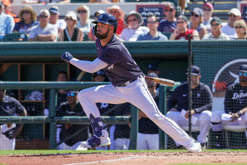 Feb 26, 2023; Lakeland, Florida, USA; Detroit Tigers center fielder Riley Greene (31) runs toward first base during the fourth inning against the Baltimore Orioles at Publix Field at Joker Marchant Stadium. Mandatory Credit: Mike Watters-USA TODAY Sports