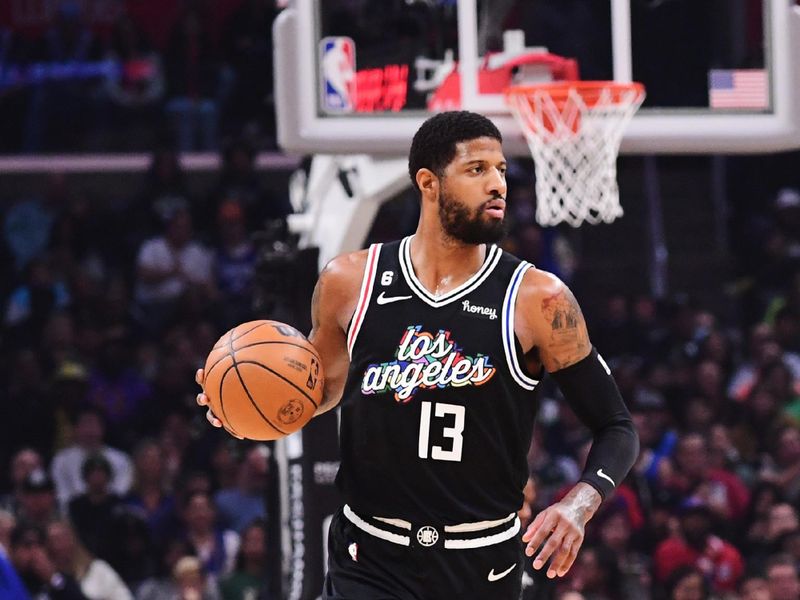 LOS ANGELES, CA - FEBRUARY 10: Paul George #13 of the LA Clippers dribbles the ball during the game against the Milwaukee Bucks on February 10, 2023 at Crypto.Com Arena in Los Angeles, California. NOTE TO USER: User expressly acknowledges and agrees that, by downloading and/or using this Photograph, user is consenting to the terms and conditions of the Getty Images License Agreement. Mandatory Copyright Notice: Copyright 2023 NBAE (Photo by Adam Pantozzi/NBAE via Getty Images)