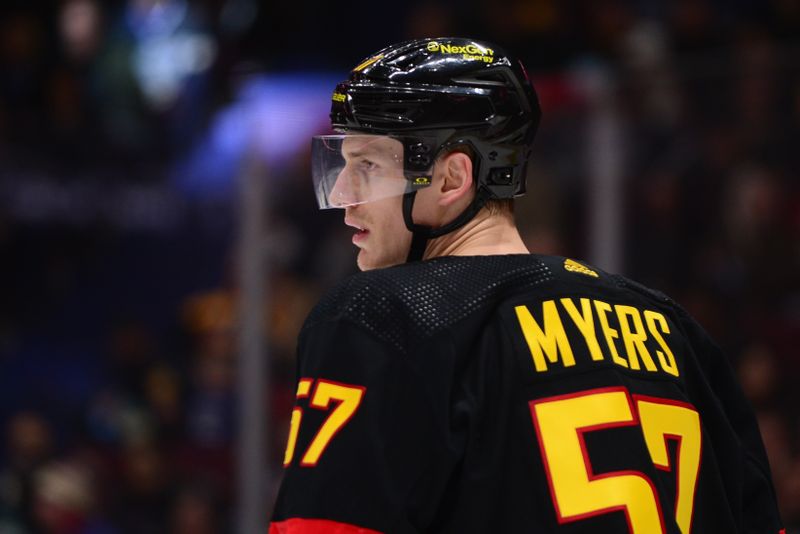 Feb 25, 2023; Vancouver, British Columbia, CAN; Vancouver Canucks defenseman Tyler Myers (57) awaits the start of play against the Boston Bruins during the second period at Rogers Arena. Mandatory Credit: Anne-Marie Sorvin-USA TODAY Sports