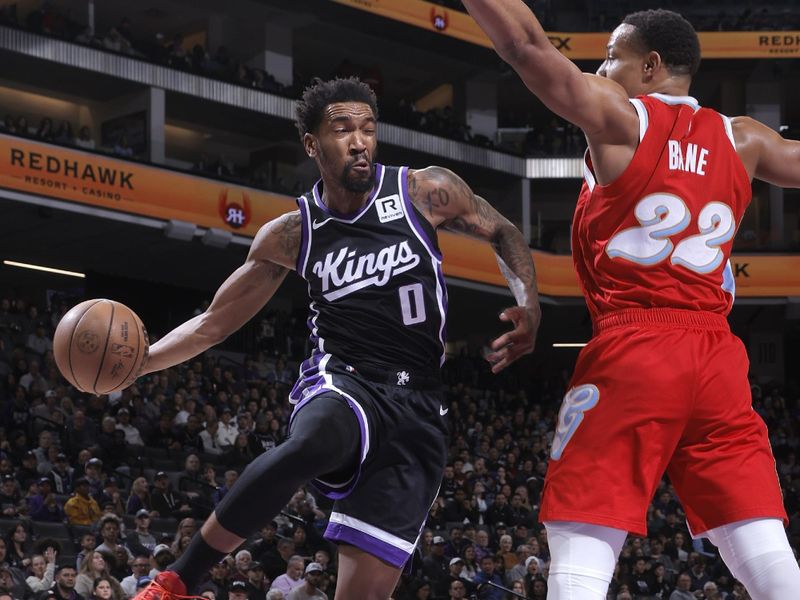 SACRAMENTO, CA - JANUARY 3: Malik Monk #0 of the Sacramento Kings passes the ball during the game against the Miami Heat on January 3, 2025 at Golden 1 Center in Sacramento, California. NOTE TO USER: User expressly acknowledges and agrees that, by downloading and or using this Photograph, user is consenting to the terms and conditions of the Getty Images License Agreement. Mandatory Copyright Notice: Copyright 2025 NBAE (Photo by Rocky Widner/NBAE via Getty Images)