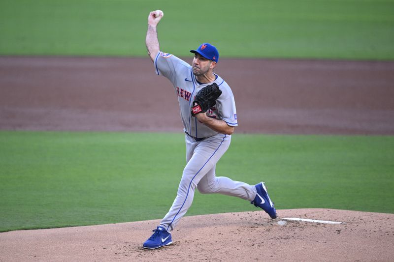 Jul 7, 2023; San Diego, California, USA; New York Mets starting pitcher Justin Verlander (35) throws a pitch against the San Diego Padres during the first inning at Petco Park. Mandatory Credit: Orlando Ramirez-USA TODAY Sports