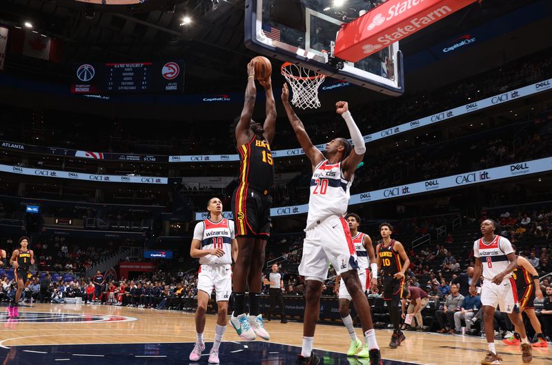 WASHINGTON, DC -? OCTOBER 30:  Clint Capela #15 of the Atlanta Hawks drives to the basket during the game against the Washington Wizards during a regular season game on October 30, 2024 at Capital One Arena in Washington, DC. NOTE TO USER: User expressly acknowledges and agrees that, by downloading and or using this Photograph, user is consenting to the terms and conditions of the Getty Images License Agreement. Mandatory Copyright Notice: Copyright 2024 NBAE (Photo by Kenny Giarla/NBAE via Getty Images)