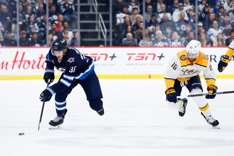 Mar 13, 2024; Winnipeg, Manitoba, CAN; Winnipeg Jets forward Morgan Barron (36) skates away from Nashville Predators forward Jason Zucker (16) during the second period at Canada Life Centre. Mandatory Credit: Terrence Lee-USA TODAY Sports