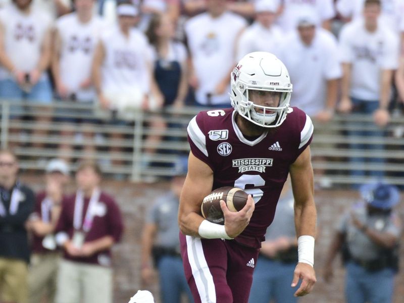 Oct 19, 2019; Starkville, MS, USA; Mississippi State Bulldogs quarterback Garrett Shrader (6) runs the ball against the Louisiana State Tigers during the first quarter at Davis Wade Stadium. Mandatory Credit: Matt Bush-USA TODAY Sports