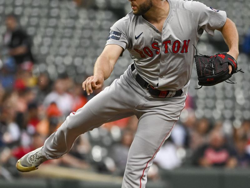 May 29, 2024; Baltimore, Maryland, USA;  Boston Red Sox starting pitcher Kutter Crawford (50) follows through on a first inning pitch against the Baltimore Orioles at Oriole Park at Camden Yards. Mandatory Credit: Tommy Gilligan-USA TODAY Sports