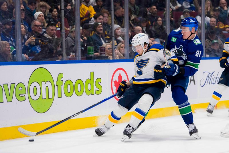 Jan 24, 2024; Vancouver, British Columbia, CAN; St. Louis Blues forward Jake Neighbours (63) battles with Vancouver Canucks defenseman Nikita Zadorov (91) in the second period at Rogers Arena. Mandatory Credit: Bob Frid-USA TODAY Sports