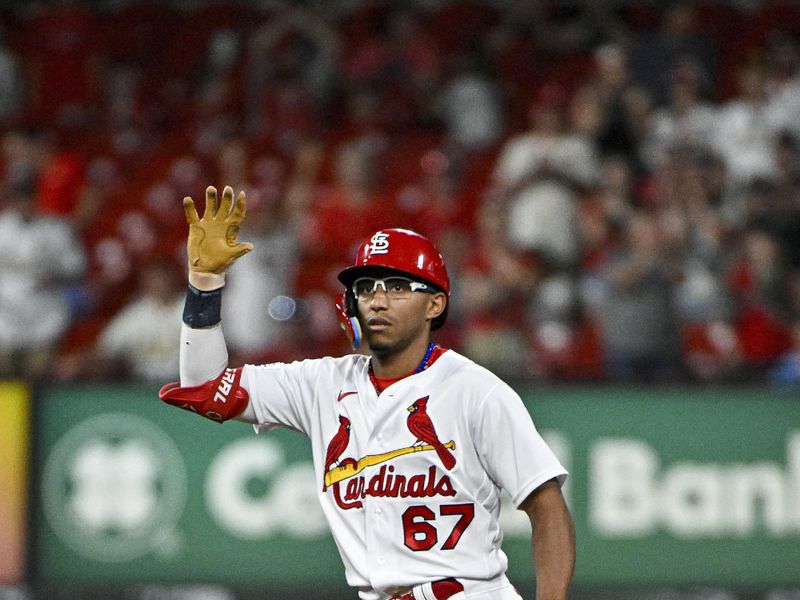 Aug 18, 2023; St. Louis, Missouri, USA;  St. Louis Cardinals outfielder Richie Palacios (67) reacts after hitting a one run double against the New York Mets during the ninth inning at Busch Stadium. Mandatory Credit: Jeff Curry-USA TODAY Sports