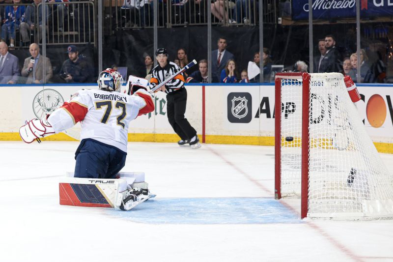 May 24, 2024; New York, New York, USA; Florida Panthers goaltender Sergei Bobrovsky (72) fails to stop a shot by New York Rangers center Barclay Goodrow (not pictured) during overtime in game two of the Eastern Conference Final of the 2024 Stanley Cup Playoffs at Madison Square Garden. Mandatory Credit: Vincent Carchietta-USA TODAY Sports