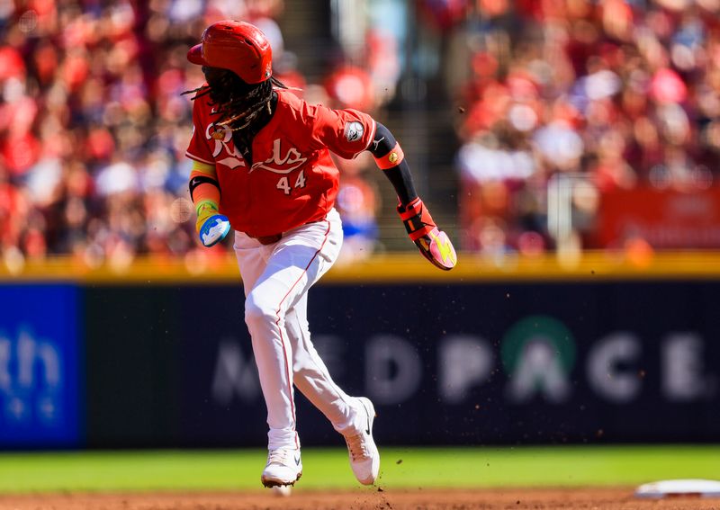 Sep 2, 2024; Cincinnati, Ohio, USA; Cincinnati Reds shortstop Elly De La Cruz (44) scores on a RBI single hit by first baseman Ty France (not pictured) in the first inning against the Houston Astros at Great American Ball Park. Mandatory Credit: Katie Stratman-USA TODAY Sports