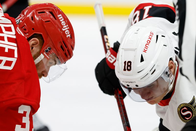 Jan 7, 2025; Detroit, Michigan, USA; Detroit Red Wings left wing J.T. Compher (37) and Ottawa Senators center Tim Stützle (18) face off in the third period at Little Caesars Arena. Mandatory Credit: Rick Osentoski-Imagn Images