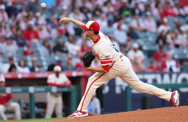 Jun 6, 2025; Anaheim, California, USA; Los Angeles Angels pitcher Kyle Hendricks (28) throws during the first inning against the Seattle Mariners at Angel Stadium. Mandatory Credit: Jason Parkhurst-Imagn Images
