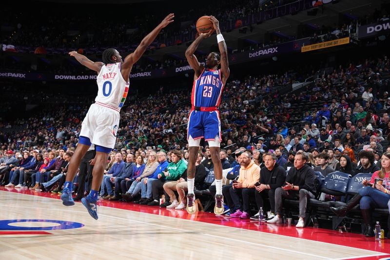 PHILADELPHIA, PA - JANUARY 29: Keon Ellis #23 of the Sacramento Kings shoots a three point basket during the game against the Philadelphia 76ers on January 29, 2025 at the Wells Fargo Center in Philadelphia, Pennsylvania NOTE TO USER: User expressly acknowledges and agrees that, by downloading and/or using this Photograph, user is consenting to the terms and conditions of the Getty Images License Agreement. Mandatory Copyright Notice: Copyright 2025 NBAE (Photo by Jesse D. Garrabrant/NBAE via Getty Images)