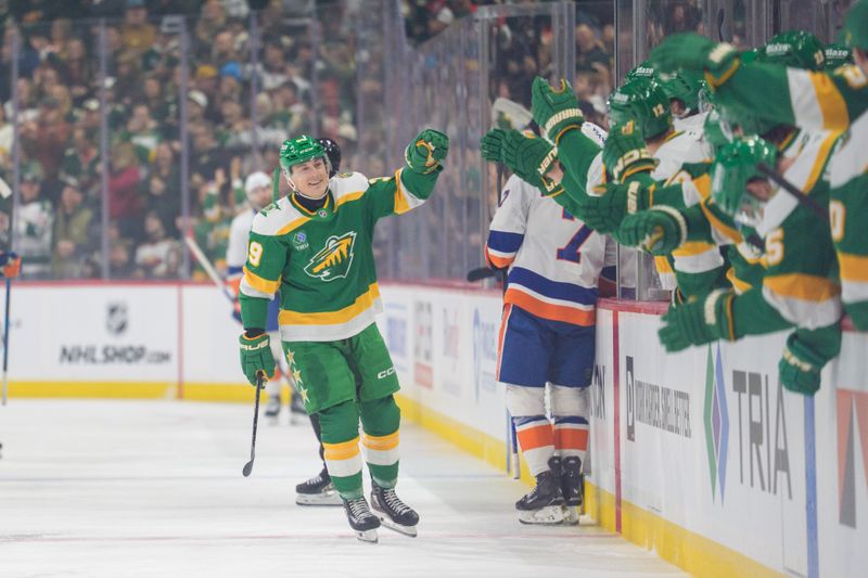 Jan 10, 2026; Saint Paul, Minnesota, USA; Minnesota Wild center Ben Jones (39) celebrates scoring his first NHL goal against the New York Islanders in the first period at Grand Casino Arena. Mandatory Credit: Matt Blewett-Imagn Images