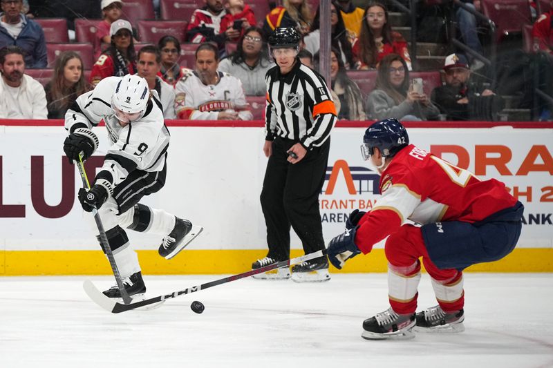 Jan 11, 2024; Sunrise, Florida, USA; Florida Panthers defenseman Gustav Forsling (42) blocks the pass of Los Angeles Kings right wing Adrian Kempe (9) during the first period at Amerant Bank Arena. Mandatory Credit: Jasen Vinlove-USA TODAY Sports