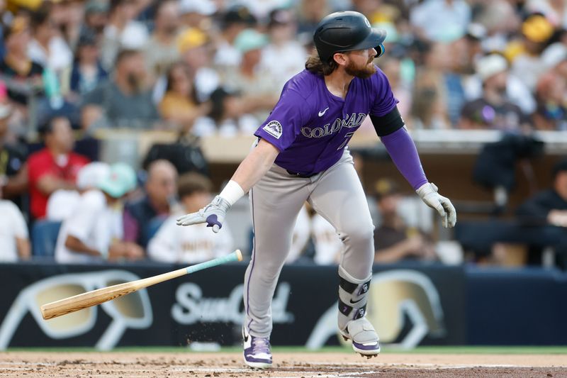 Aug 2, 2024; San Diego, California, USA; Colorado Rockies second baseman Brendan Rodgers (7) throws his bat after hitting a one run home run during the first inning against the San Diego Padres at Petco Park. Mandatory Credit: David Frerker-USA TODAY Sports